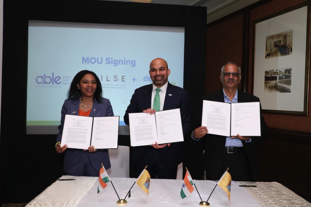 From left: Lt. Gov. Tahesha Way; Wesley Mathews, president and CEO of Choose New Jersey and chair of the New Jersey-India Commission; and Narayanan Suresh, chief operating officer of ABLE. 